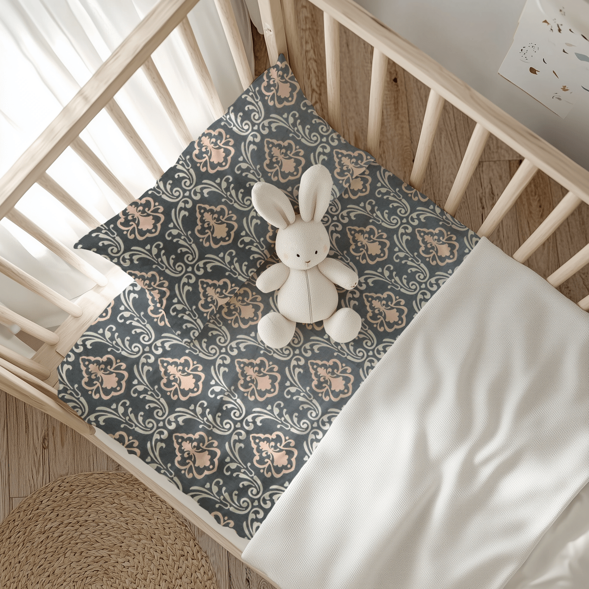 Enchanting Pink and Gray Damask Handmade Baby and Toddler Bedding - MookyPookyandMuffin