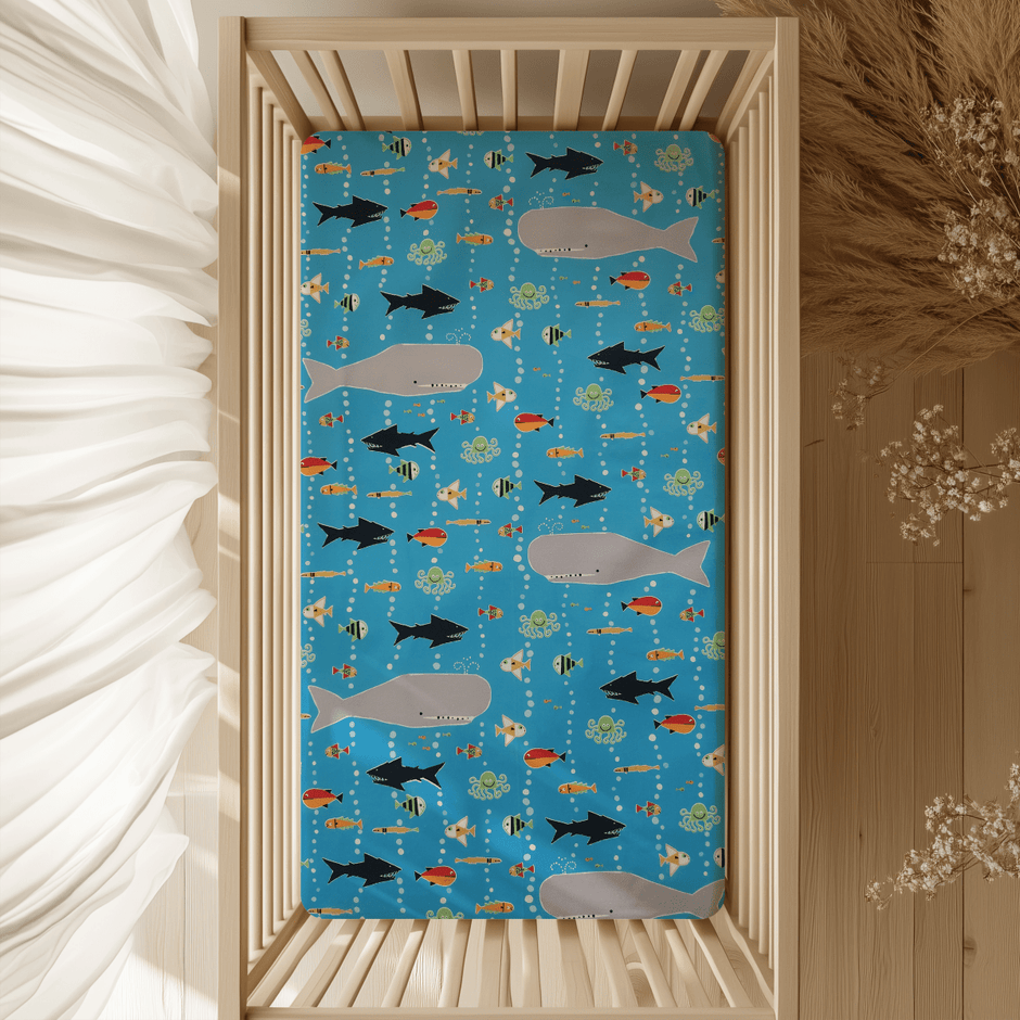 Organic Under the Sea Whales and Sharks and Fishies Custom Baby and Toddler Bedding - MookyPookyandMuffin