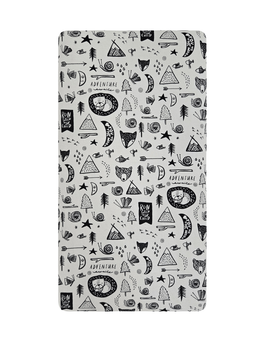 Run Wild Child Black and White Adventure Ready to Ship Crib Sheet - MookyPookyandMuffin