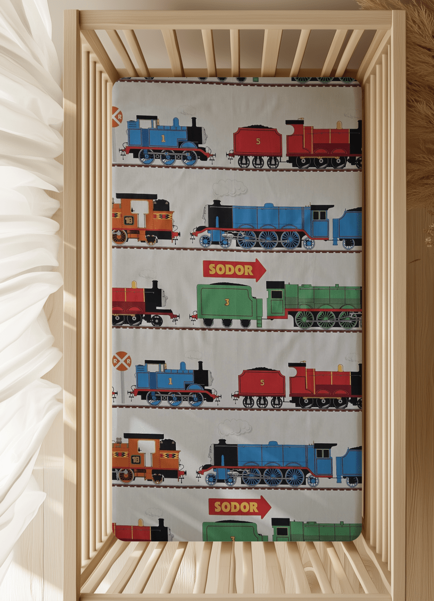 Thomas the Train Line Cars in White Handmade Baby and Toddler Bedding - MookyPookyandMuffin