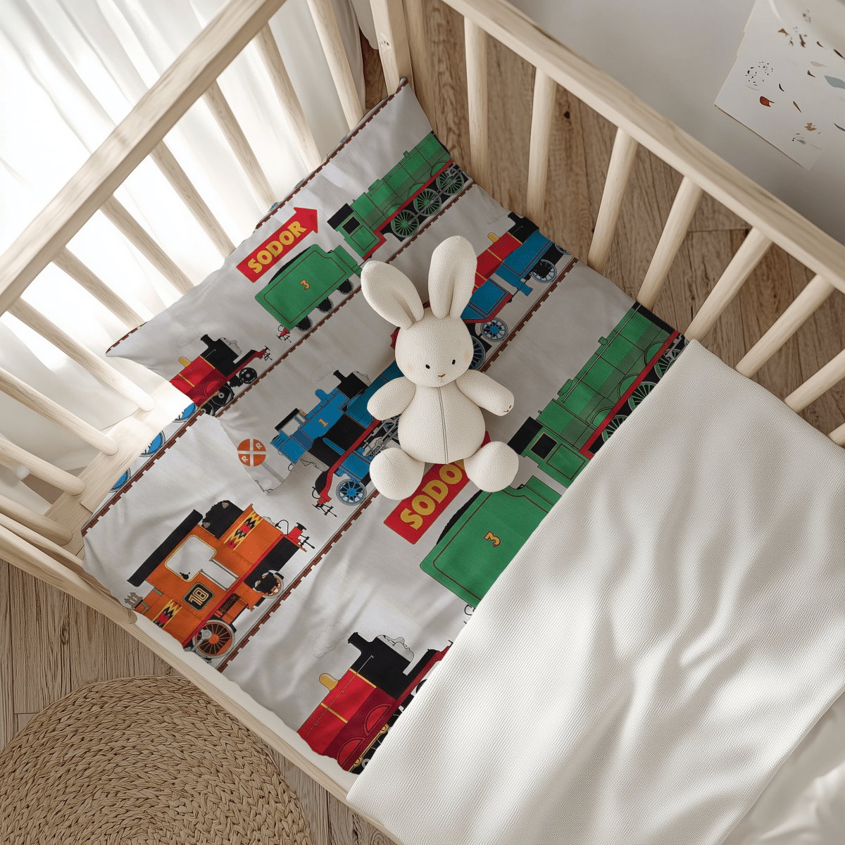 Thomas the Train Line Cars in White Handmade Baby and Toddler Bedding - MookyPookyandMuffin