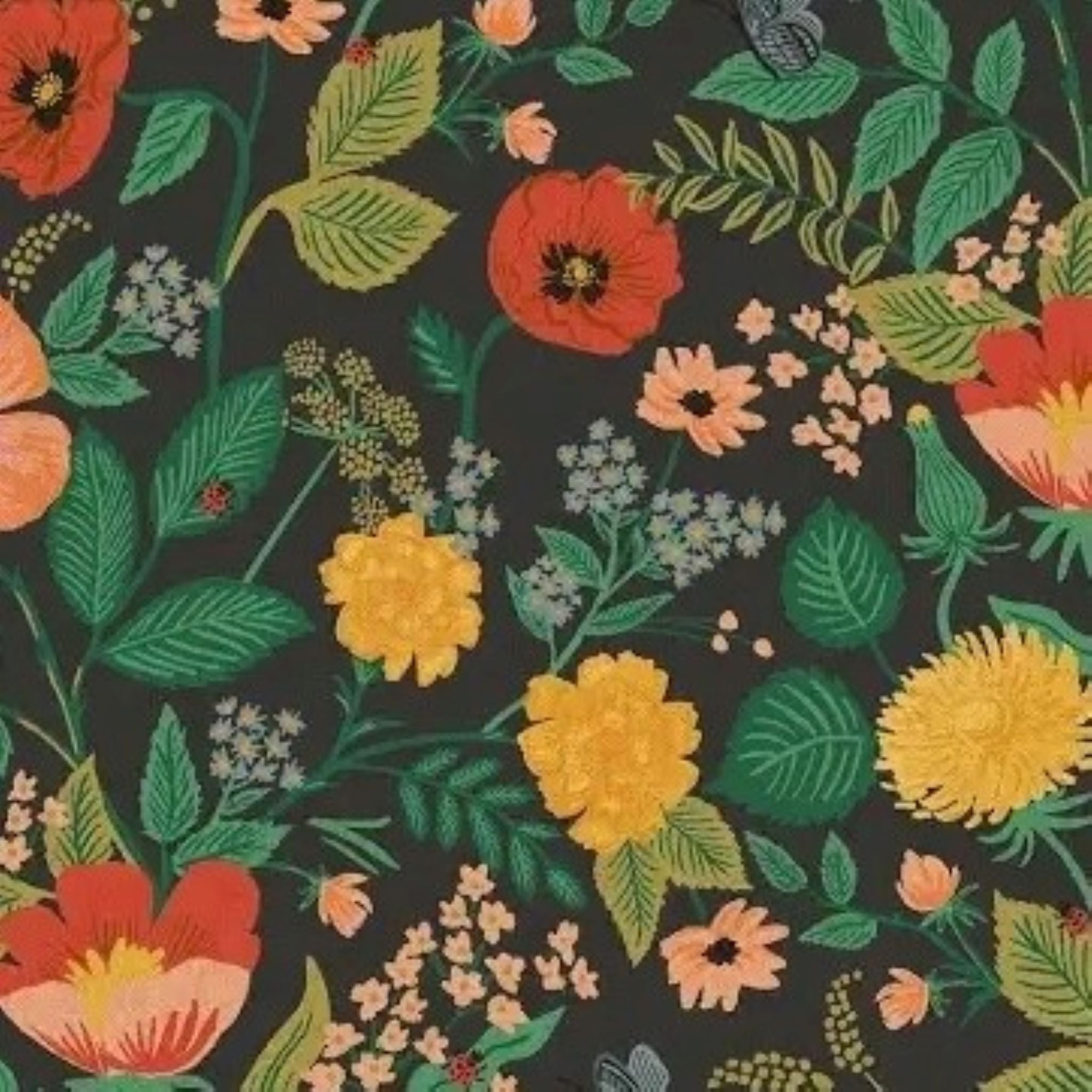 Rifle Paper Co Camont Poppy Fields Black Fabric - MookyPookyandMuffin